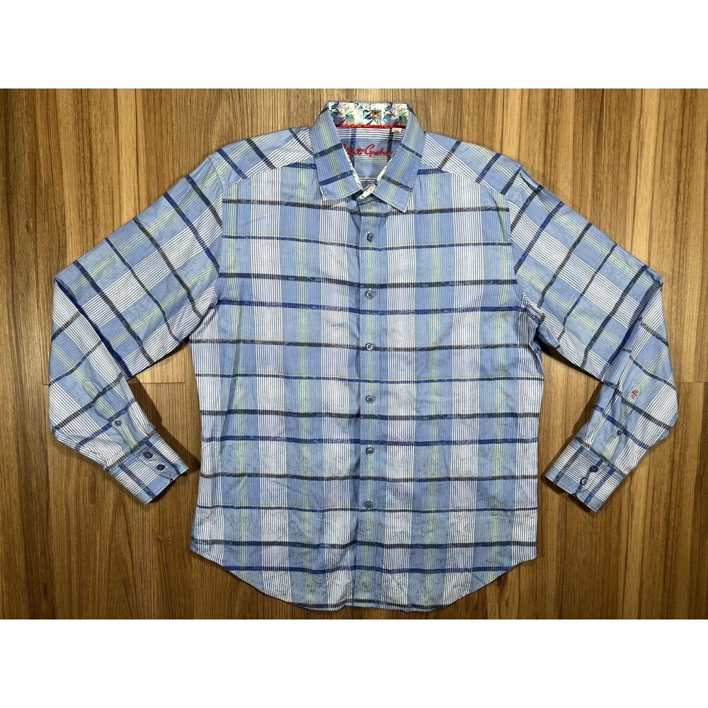Robert Graham Shirt Mens Large Blue Button Up Short Sleeve Preppy